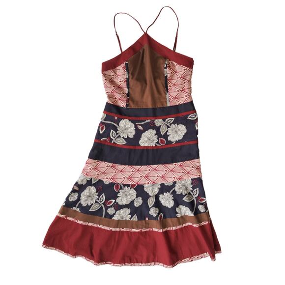 BCBGMaxAzria Halter A-line Dress Size 4 Boho Floral Patchwork Burgundy Navy - Picture 8 of 9